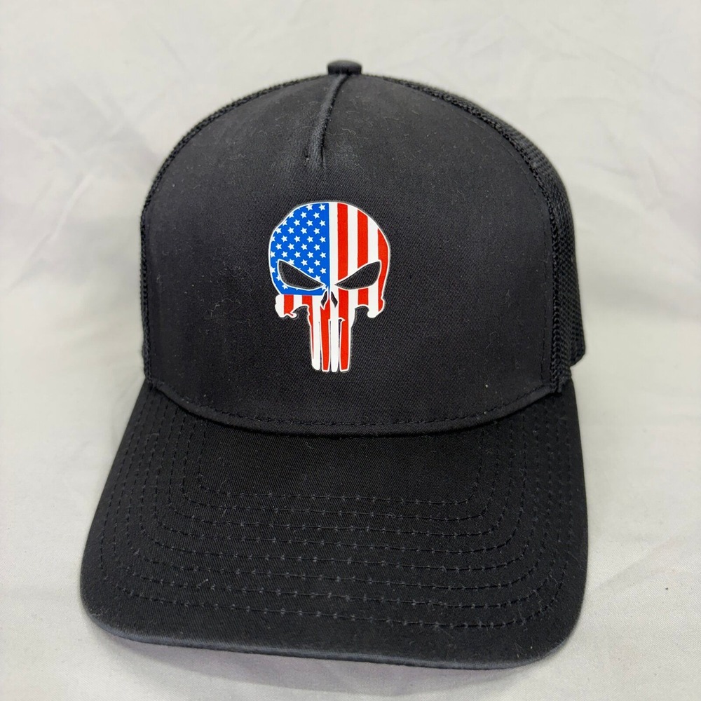 Authentic Punisher Skull USA Flag Trucker Hat Mens OSFM Black Mesh Snapback